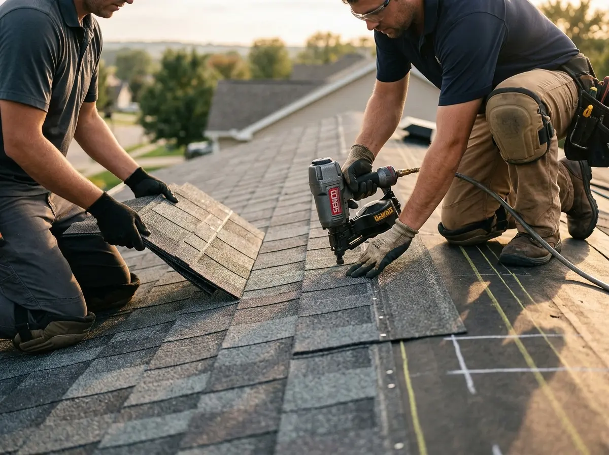 Professional roofer working on a residential roof in Deale